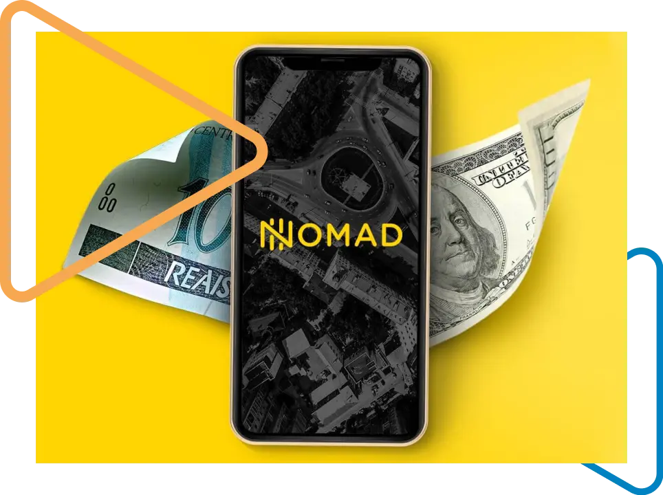 Celular com aplicativo da fintech Nomad em cima de duas notas