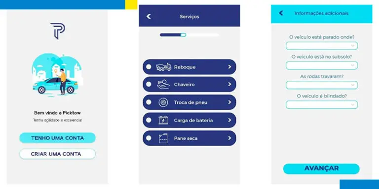 Telas iniciais do aplicativo Pick Tow, criado pela Onebrain