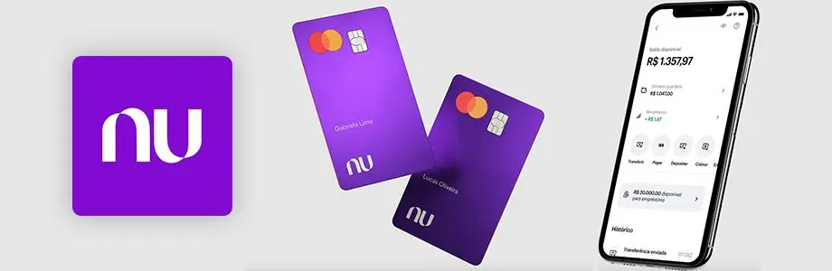 Dois cartões Nubank flutuando ao lado de um celular com a conta digital da Nubank