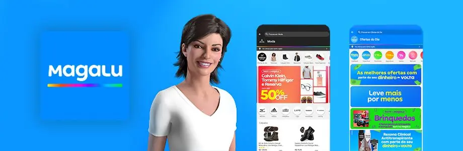 Two mobile screens showing Magalu e-commerce pages and next to Lu dressed in a white t-shirt