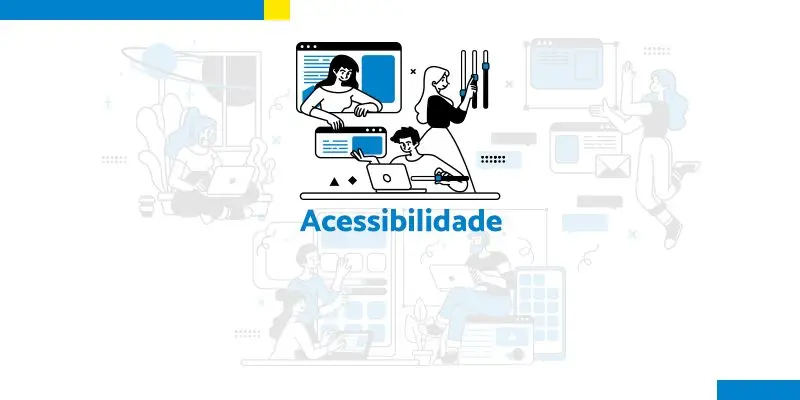 Desenho de um grupo de pessoas mexendo no visual e áudio do site para promover a acessibilidade digital