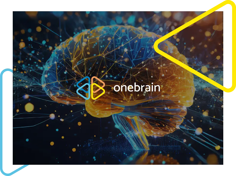 Logo de Onebrain da frente de um fundo de uma imagem tecnológica do cérebro