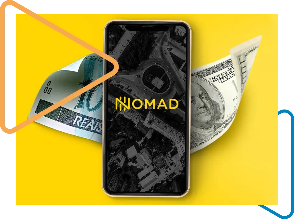 Cellphone with the Nomad fintech app on top of two bills