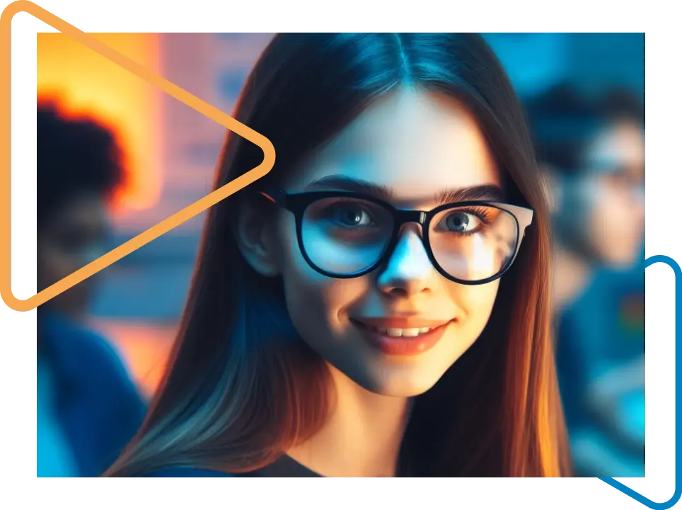 Brown-haired, straight-haired woman with glasses looking forward representing the product discovery stage at Onebrain.