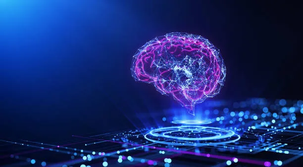 Hologram of a brain in blue and pink colors, to illustrate artificial intelligence.