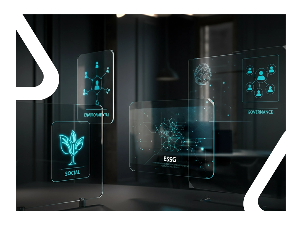 Telas flutuantes exibindo ícones relacionados a ESG