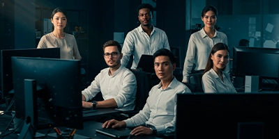 Grupo de colaboradores olhando para a câmera.
