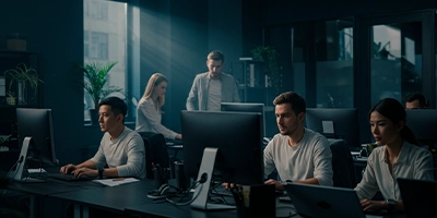 Colaboradores olhando para o computador, trabalhando