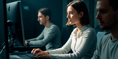 Funcionários da Onebrain trabalhando com transparência